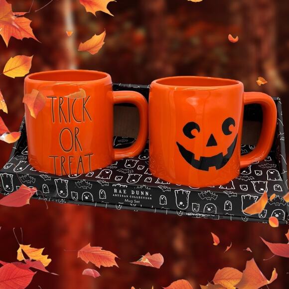 TRICK OR TREAT Pumpkin Face Orange Quirky Coffee Mug Set Of 2 Halloween NIB - Picture 1 of 8
